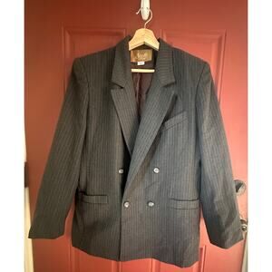 Vintage Saville Wool Blend Double Breasted Gray Pinstripe Blazer